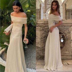 Lioness Off-the-Shoulder Cream Pleated Maxi Dress